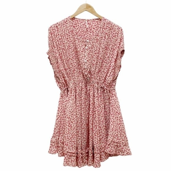 Free People One Fine Day Red Floral Print Flowy Oversized Mini Dress Size Small - Picture 2 of 15
